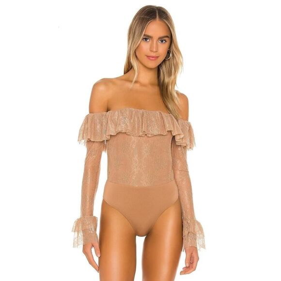 REVOLVE Camila Coelho Paloma lace tan nude off shoulder bodysuit size small - Picture 1 of 8
